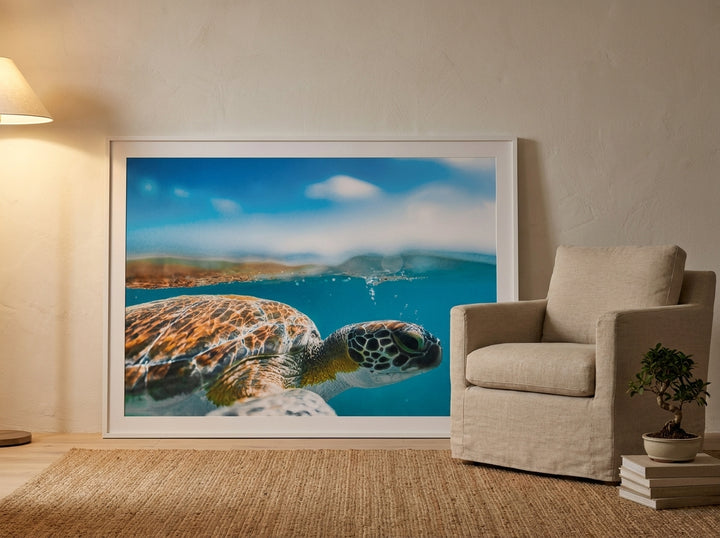 Oversized statement modern wall art print leaning against the wall in a warm Japandi living room