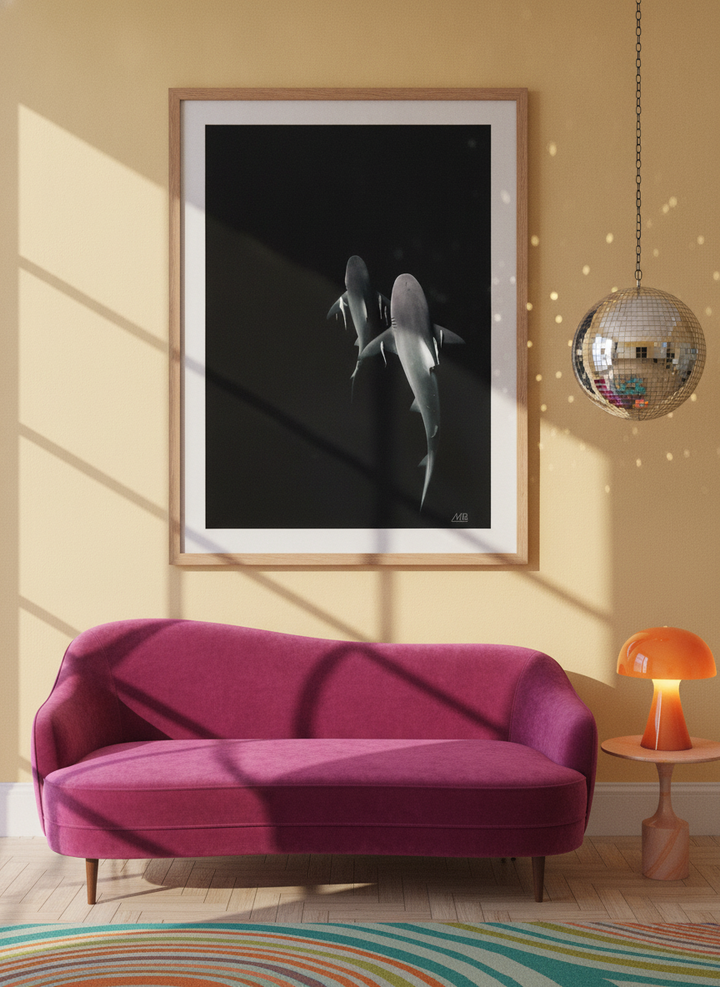 Modern wall art print styled on the wall in a colourful eclectic living room