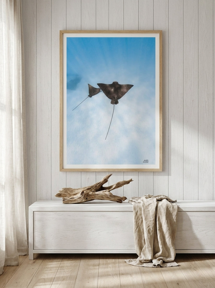Modern wall art print styled on the wall in a coastal living room