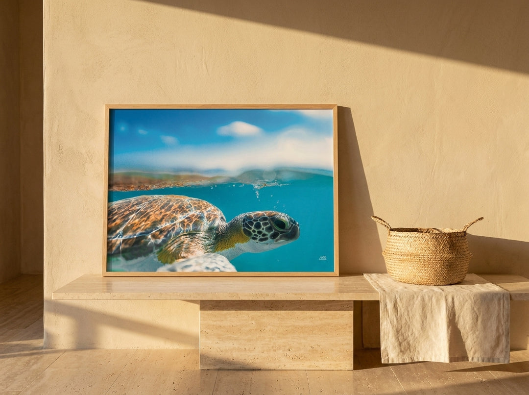 Modern wall art print standing on a console in a Mediterranean bedroom