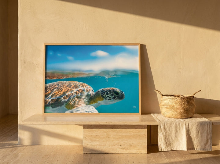 Modern wall art print standing on a console in a Mediterranean bedroom