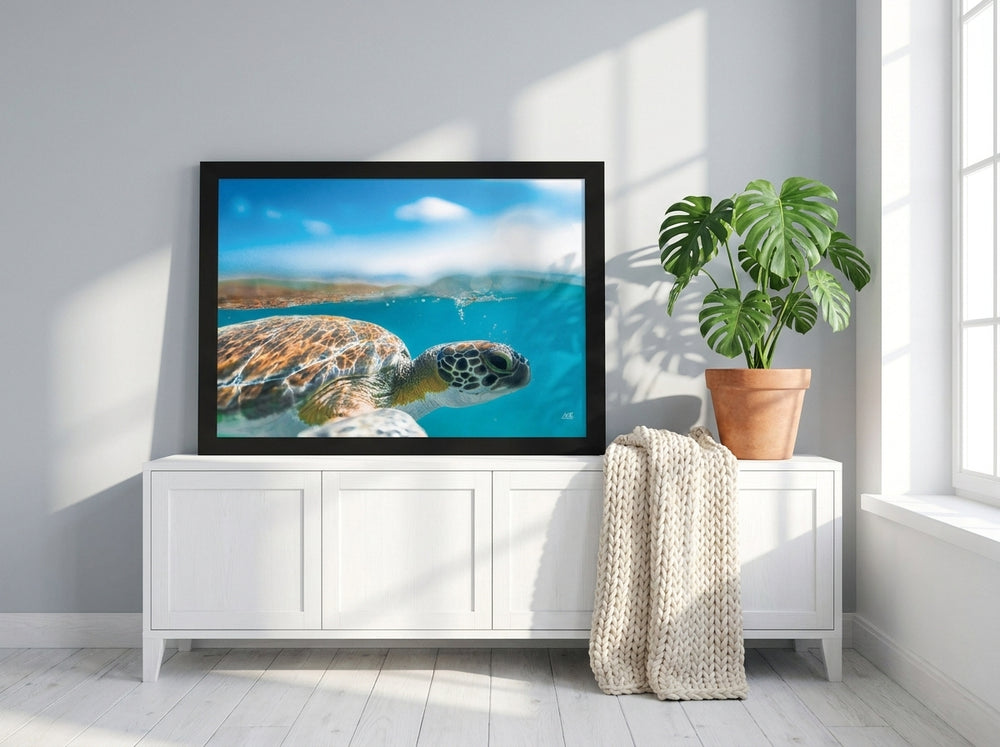Modern wall art print standing on a sideboard in a bright Scandinavian bathroom