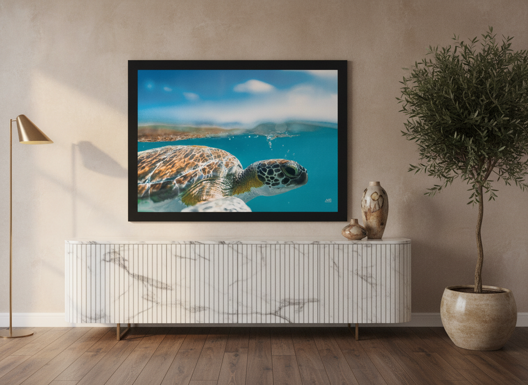 Modern wall art print standing on a sideboard in a luxe home office