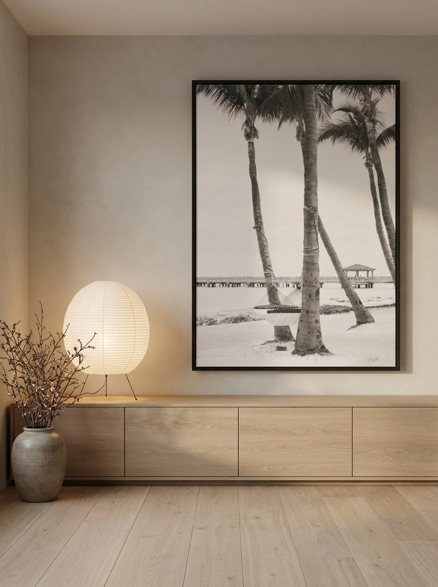 Oversized statement modern wall art print styled on the wall in a warm Japandi living room