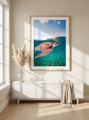Modern wall art print styled on the wall in a coastal living room