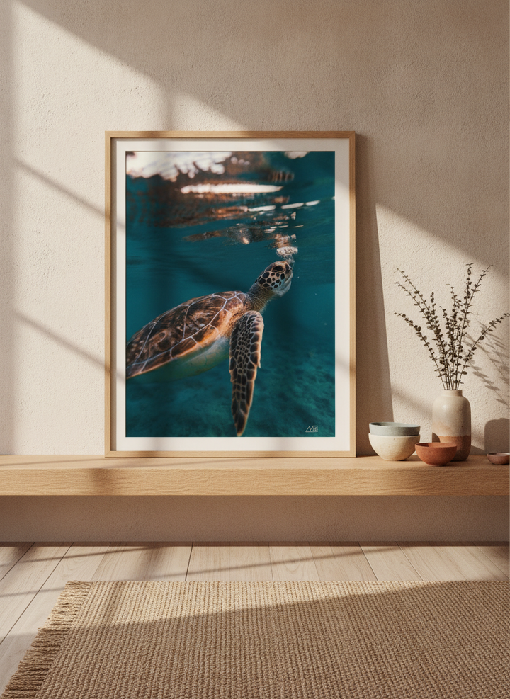 Modern wall art print standing on a shelf in a warm Japandi bedroom