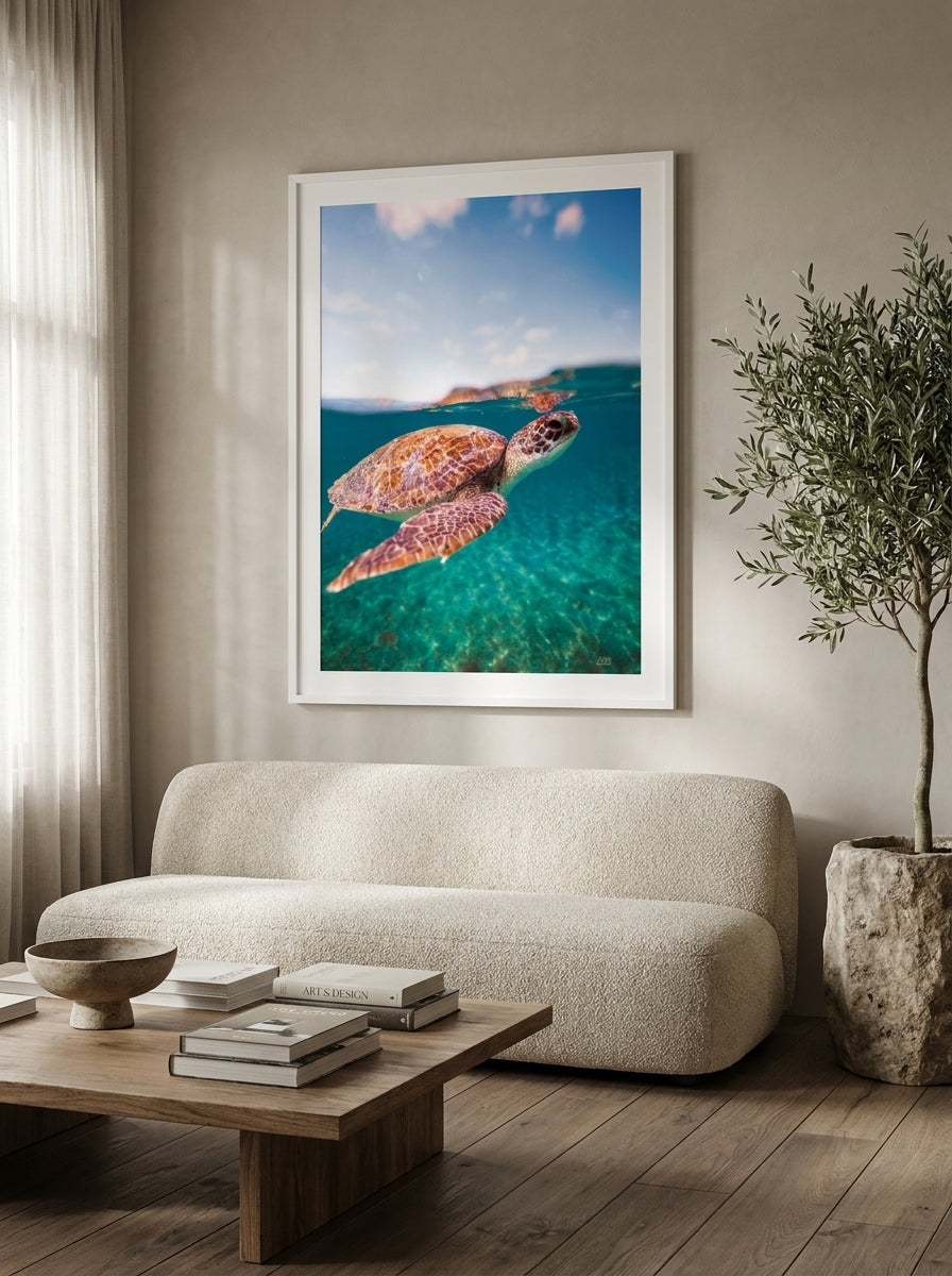 Oversized statement modern wall art print styled on the wall in a luxe living room