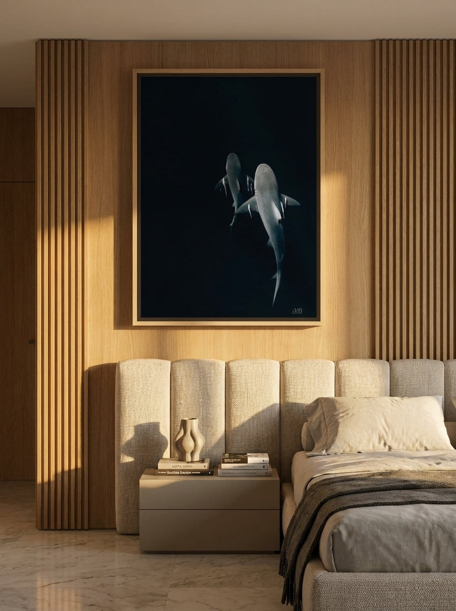 Oversized statement canvas wall art with a natural timber surround styled on the wall in a luxe bedroom