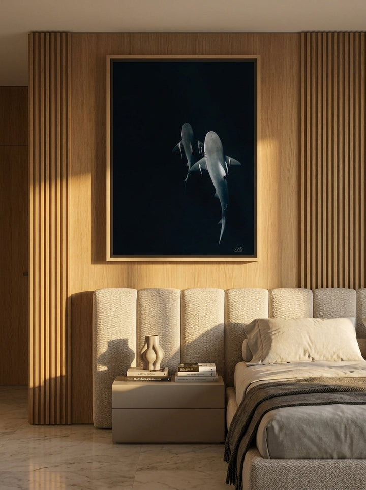 Oversized statement canvas wall art with a natural timber surround styled on the wall in a luxe bedroom
