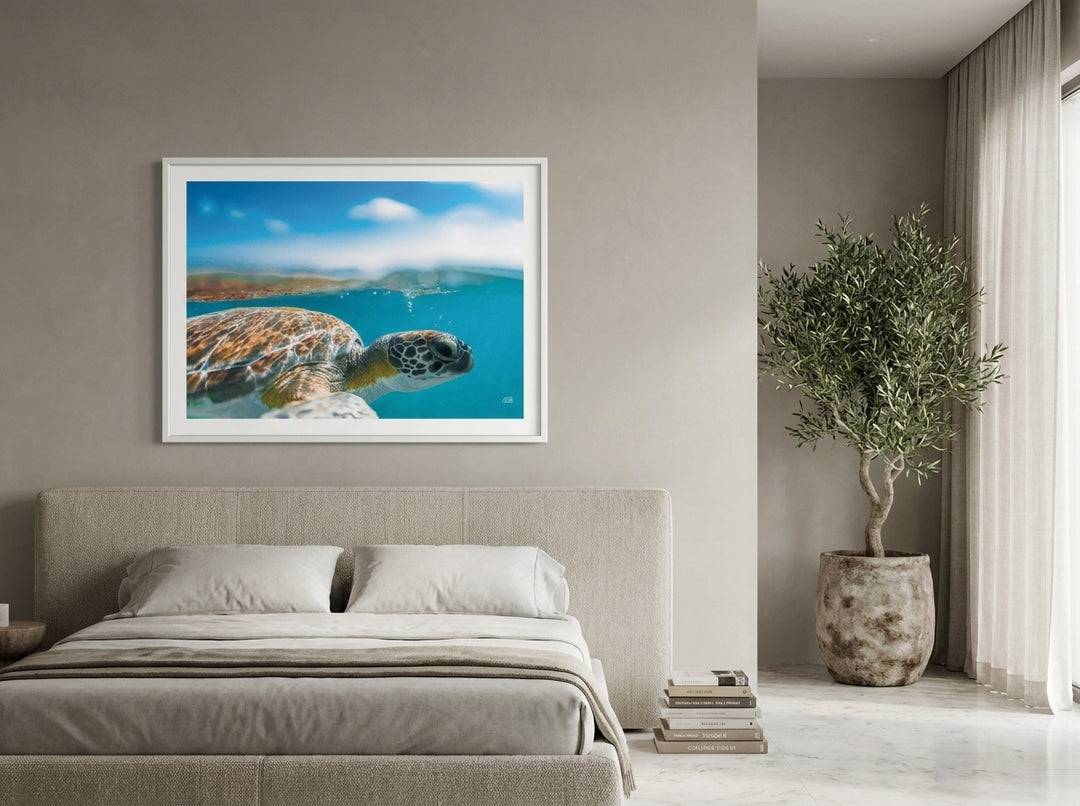 Oversized statement modern wall art print styled on the wall in a luxe bedroom