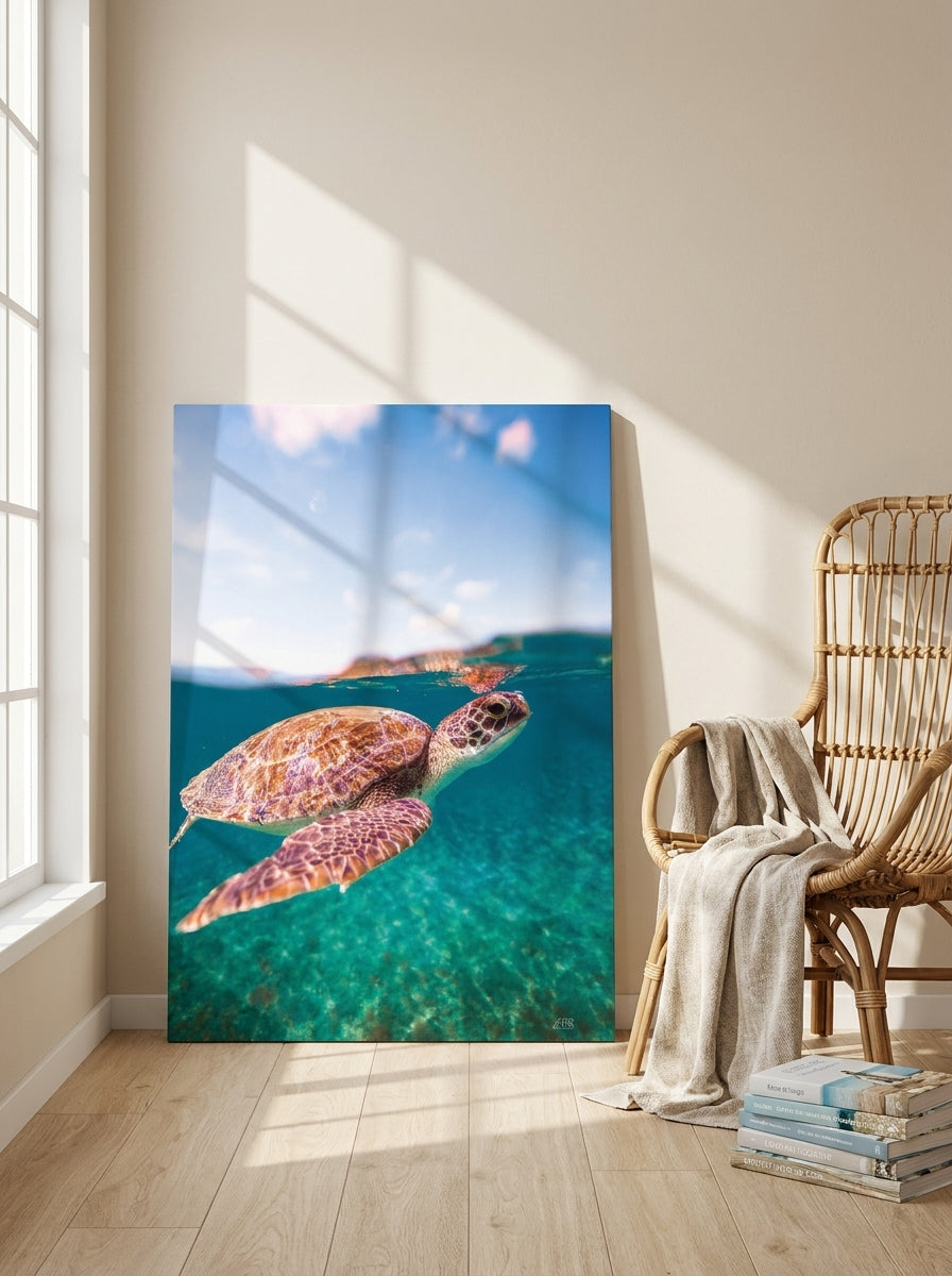Stretched canvas wall art leaning against the wall in a coastal dining room
