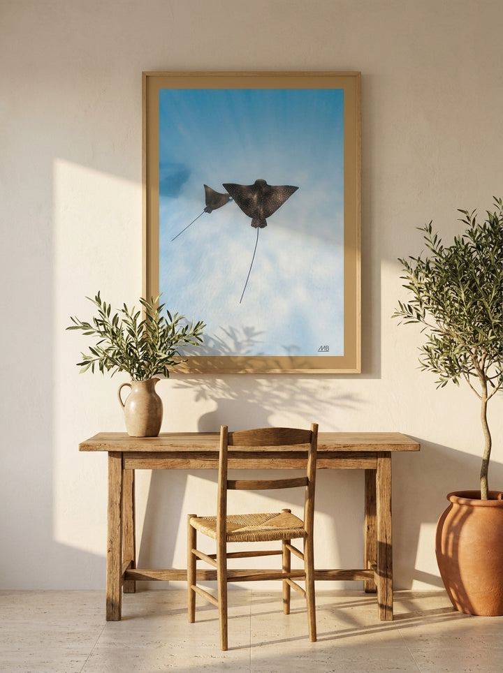Modern wall art print styled on the wall in a Mediterranean home office