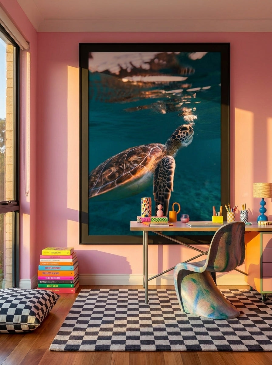 Oversized statement modern wall art print styled on the wall in a colourful eclectic home office