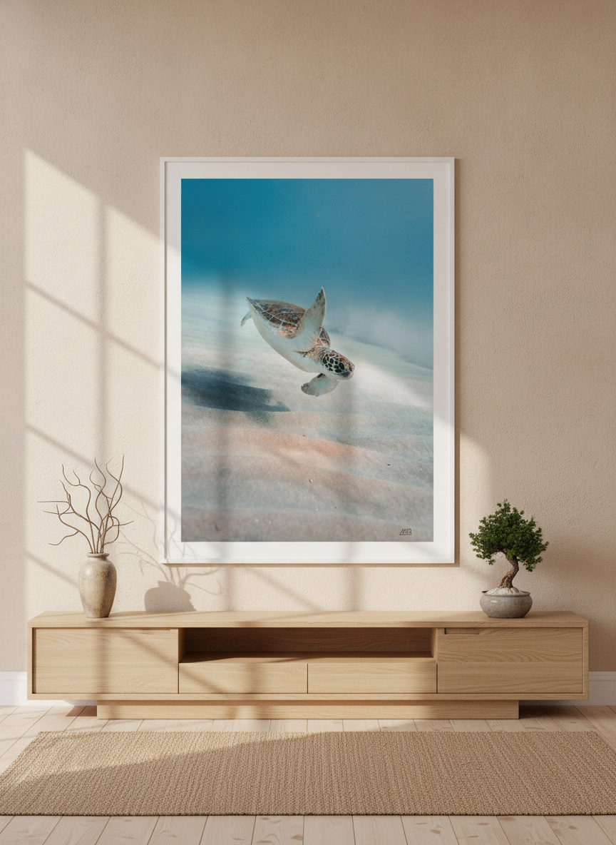 Oversized statement modern wall art print styled on the wall in a warm Japandi living room