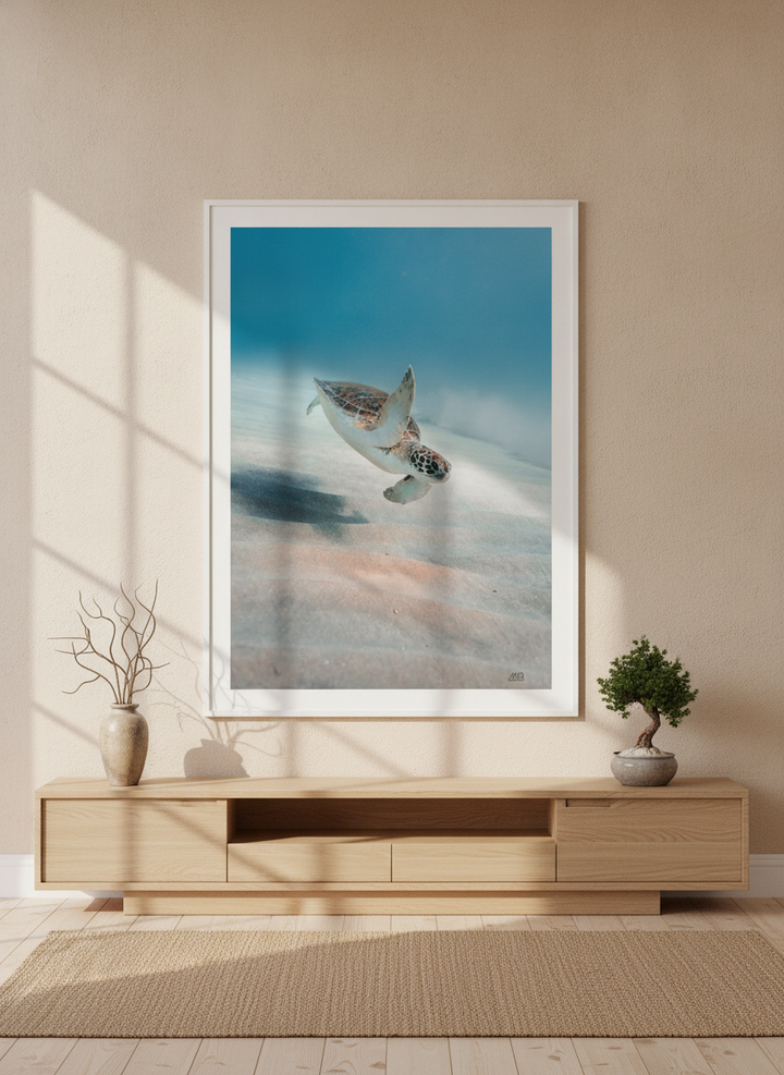 Oversized statement modern wall art print styled on the wall in a warm Japandi living room