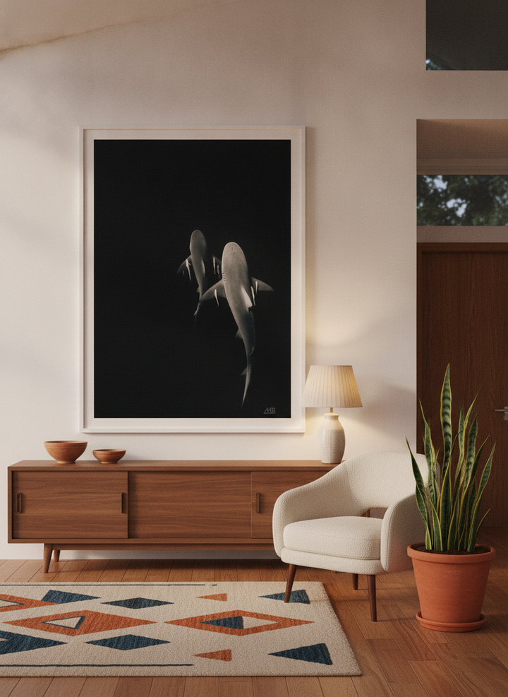 Oversized statement modern wall art print styled on the wall in a mid-century living room