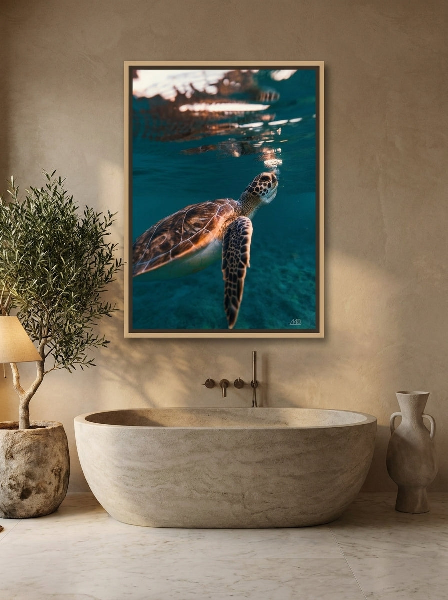 Canvas wall art with a natural timber surround styled on the wall in a luxe bathroom