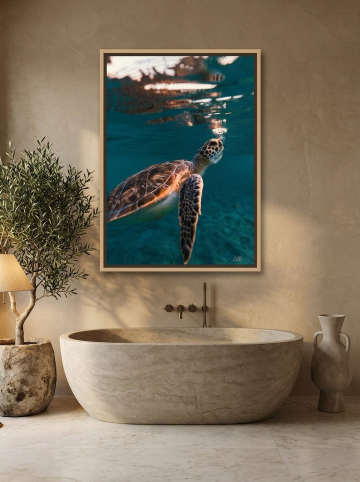 Canvas wall art with a natural timber surround styled on the wall in a luxe bathroom