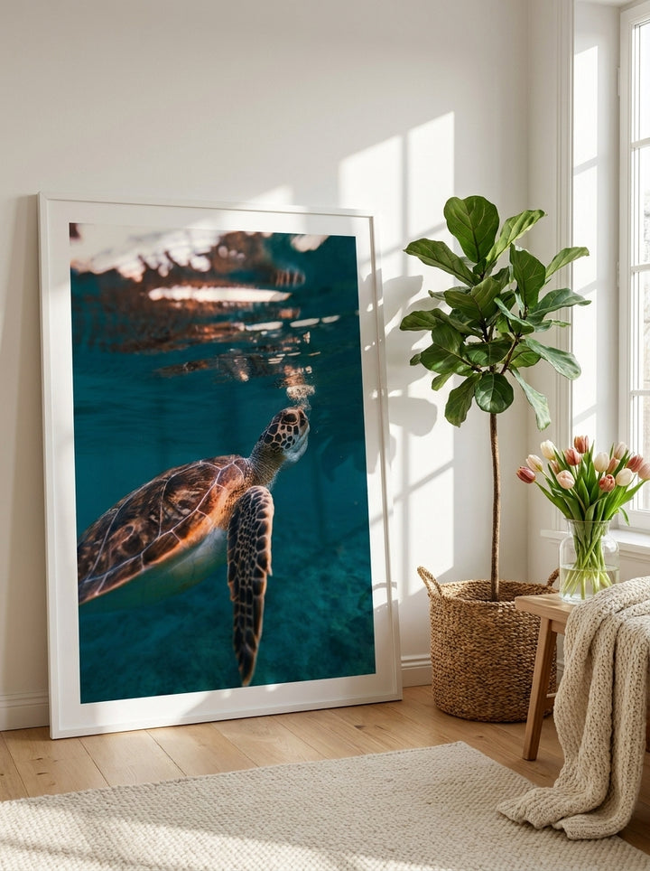 Oversized statement modern wall art print leaning against the wall in a bright Scandinavian living room