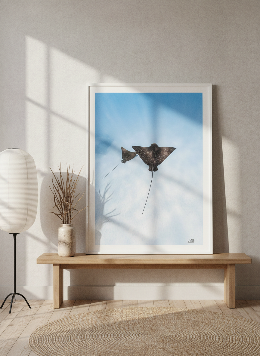 Modern wall art print standing on a bench in a warm Japandi bedroom