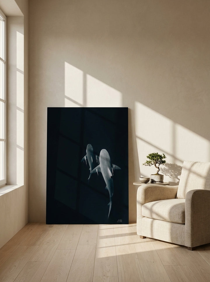 Stretched canvas wall art leaning against the wall in a warm Japandi home office