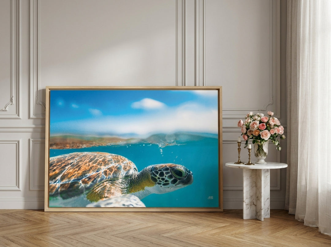 Canvas wall art with a natural timber surround leaning against the wall in a Parisian bathroom