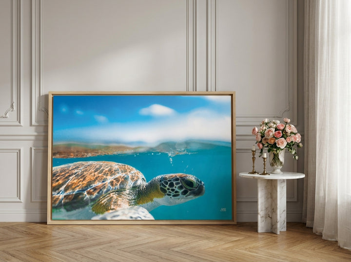 Canvas wall art with a natural timber surround leaning against the wall in a Parisian bathroom