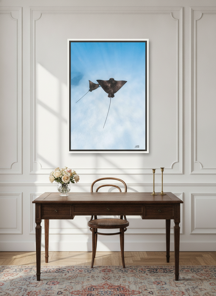 Canvas wall art with a white surround styled on the wall in a Parisian home office