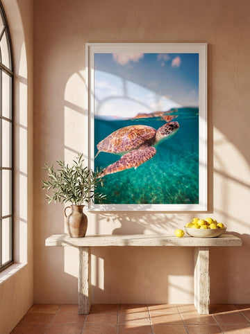 Oversized statement modern wall art print styled on the wall in a Mediterranean living room