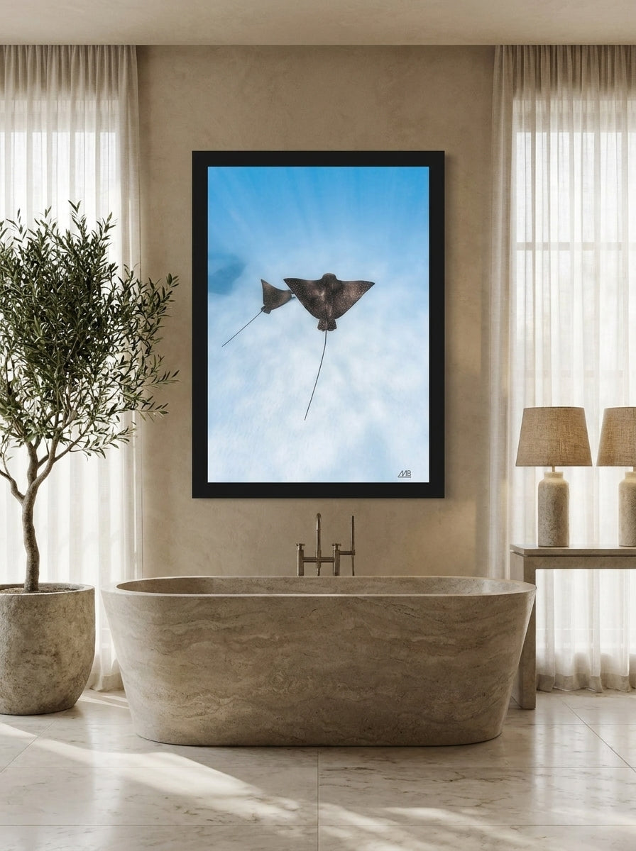 Modern wall art print styled on the wall in a luxe bathroom