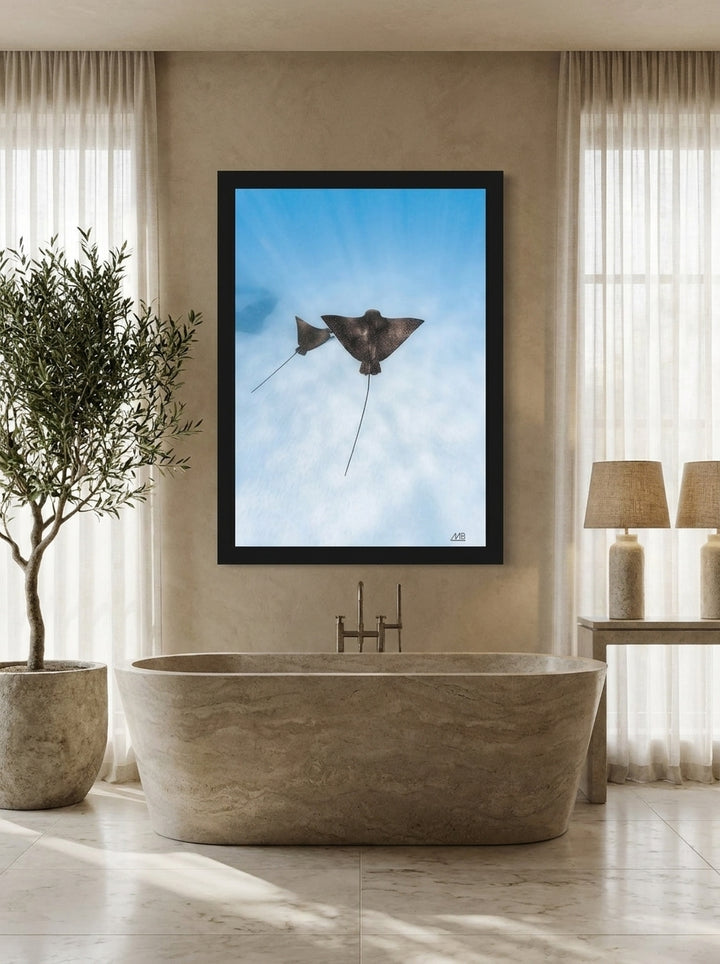 Modern wall art print styled on the wall in a luxe bathroom