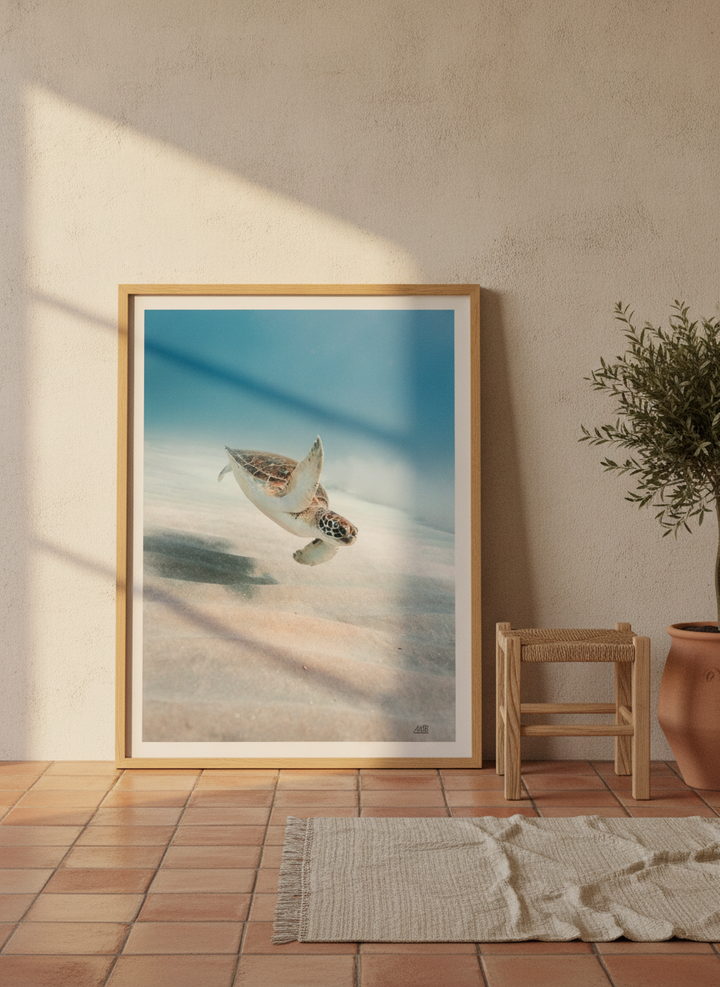 Modern wall art print leaning against the wall in a Mediterranean bedroom