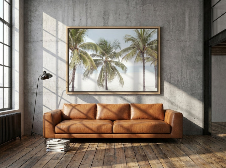 Oversized statement canvas wall art with a natural timber surround styled on the wall in an industrial loft living room