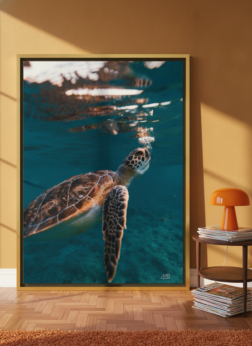 Oversized statement canvas wall art with a gold leaf surround leaning against the wall in a retro 70s home office
