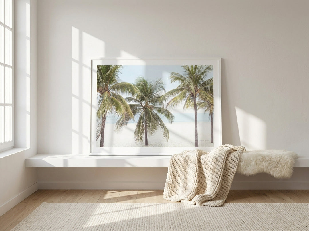 Modern wall art print standing on a shelf in a bright Scandinavian bedroom