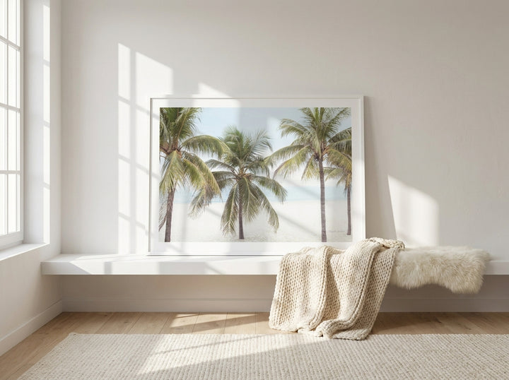 Modern wall art print standing on a shelf in a bright Scandinavian bedroom