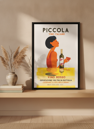 Canvas wall art with a black surround standing on a kitchen bench in a warm Japandi kitchen