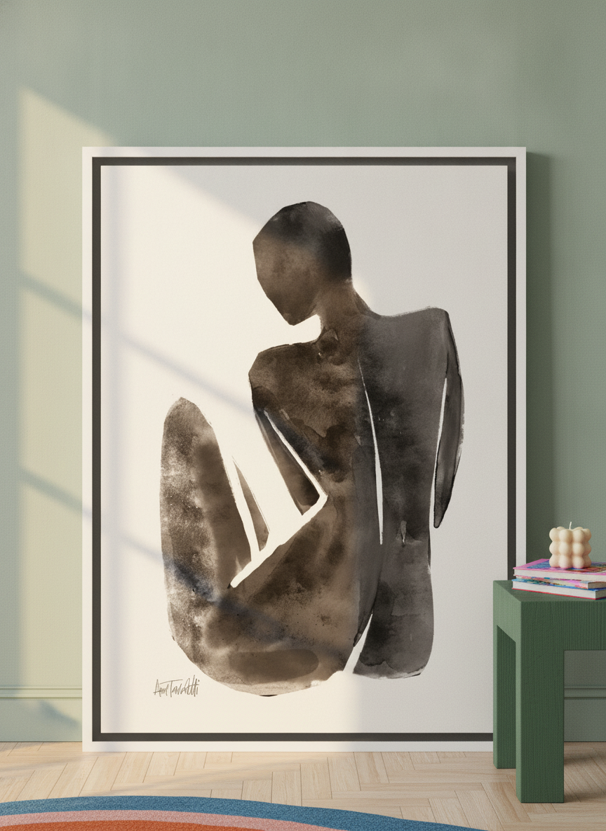 Oversized statement canvas wall art with a white surround leaning against the wall in a colourful eclectic living room