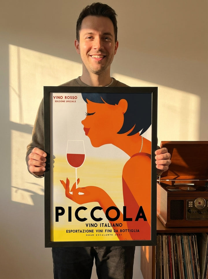 Person holding modern wall art print in a mid-century living room
