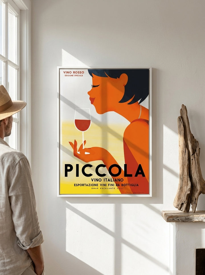 Person holding canvas wall art with a white surround in a coastal living room