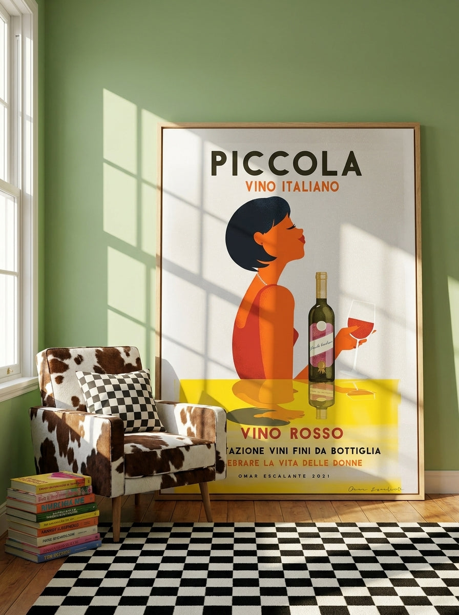 Oversized statement canvas wall art with a natural timber surround leaning against the wall in a colourful eclectic living room