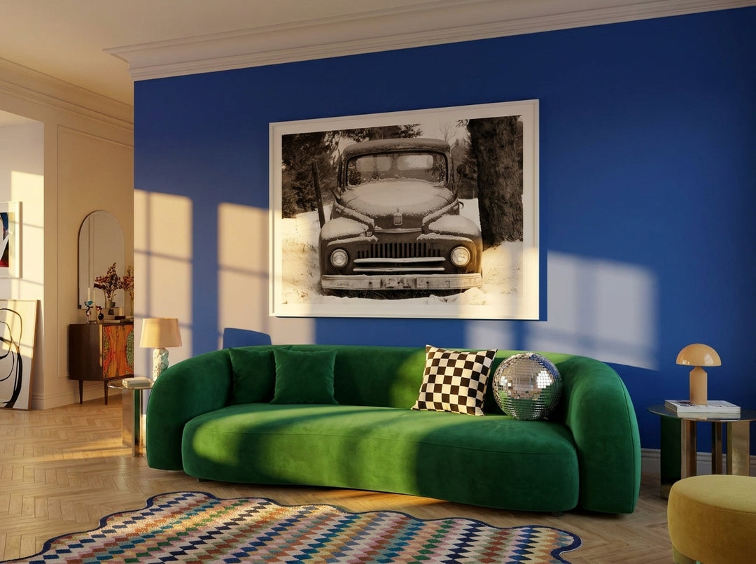 Oversized statement modern wall art print styled on the wall in a colourful eclectic living room