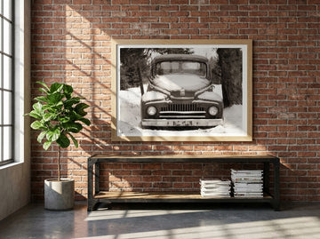 Modern wall art print styled on the wall in an industrial loft living room