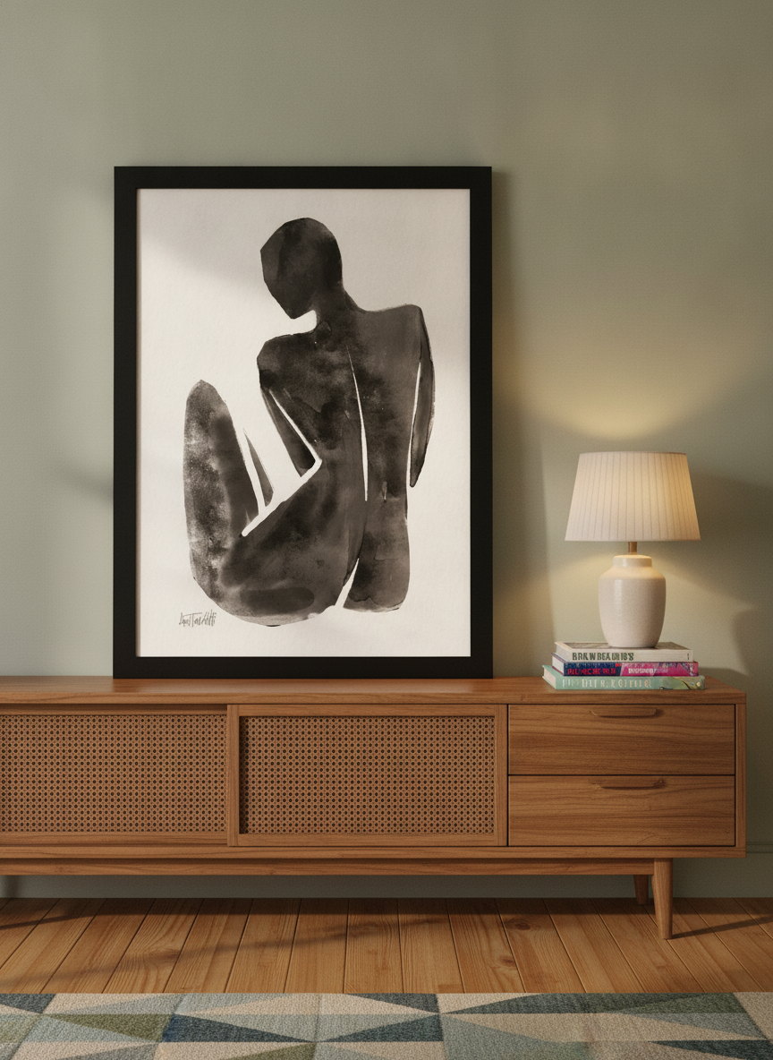 Modern wall art print standing on a sideboard in a mid-century bedroom