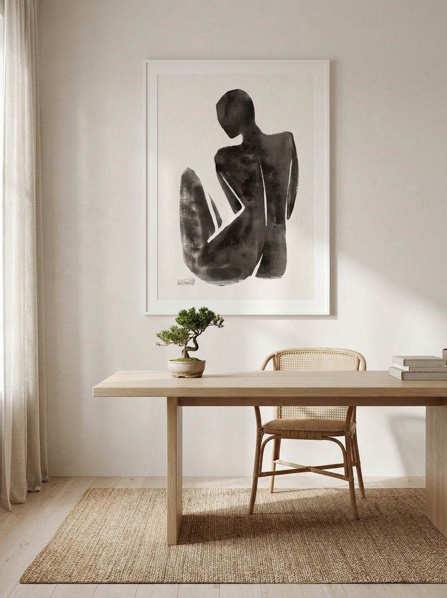 Modern wall art print styled on the wall in a warm Japandi home office