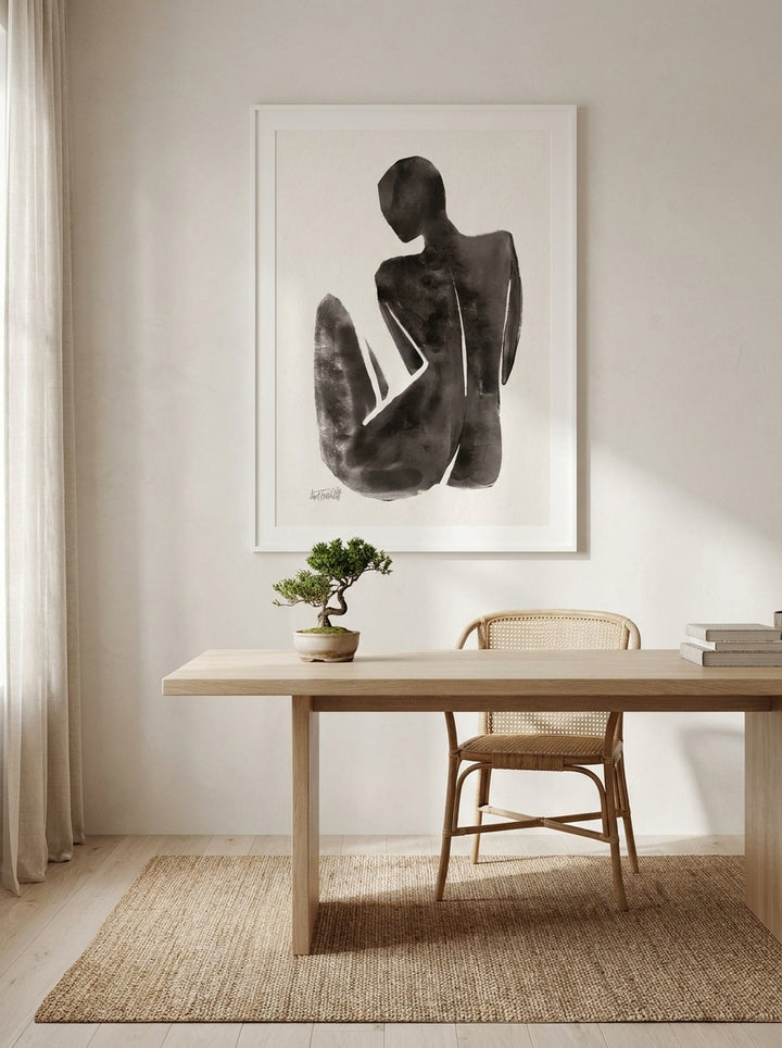 Modern wall art print styled on the wall in a warm Japandi home office