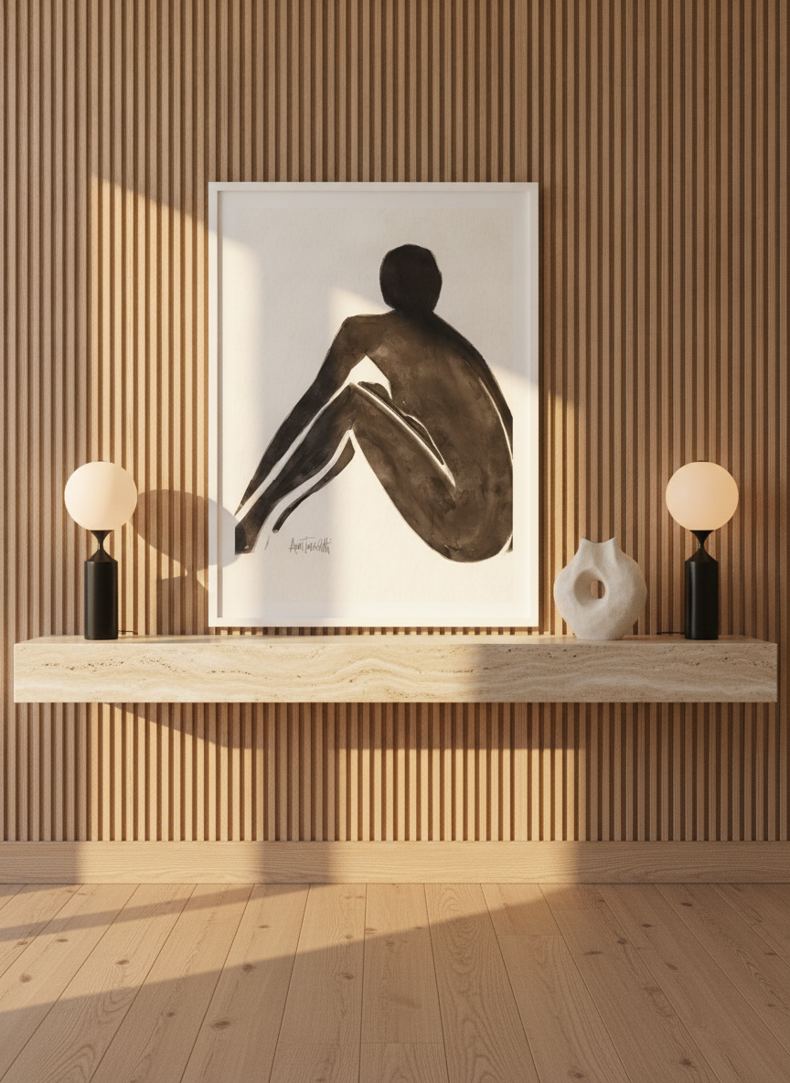 Modern wall art print standing on a console in a luxe home office