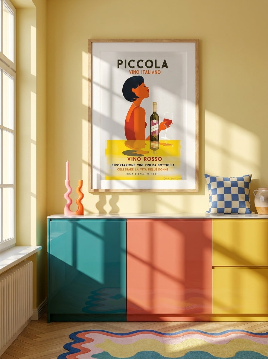 Modern wall art print styled on the wall in a colourful eclectic kitchen