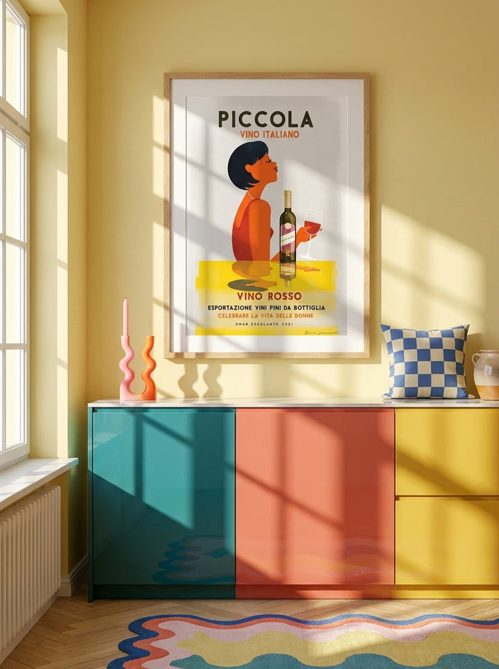 Modern wall art print styled on the wall in a colourful eclectic kitchen