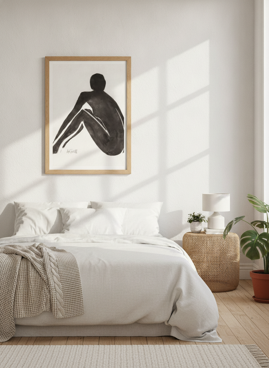 Modern wall art print styled on the wall in a bright Scandinavian bedroom